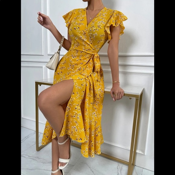 Dresses & Skirts - Boho Floral Print Butterfly Sleeve Dress Mustard Yellow